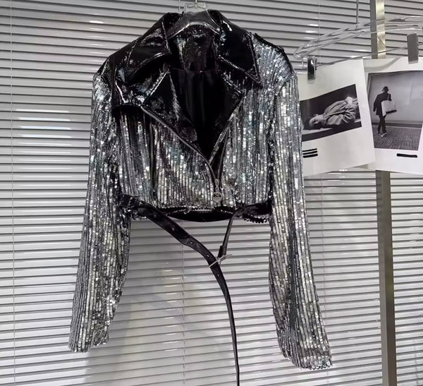 Women Fashion Sequins PU Buckled Jacket