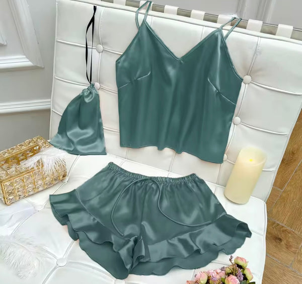 Women Sleeveless Satin Ruffled Lingerie Set