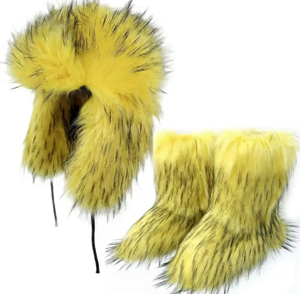 Women Fashion Color Faux Fur Ankle Boots Hat Set