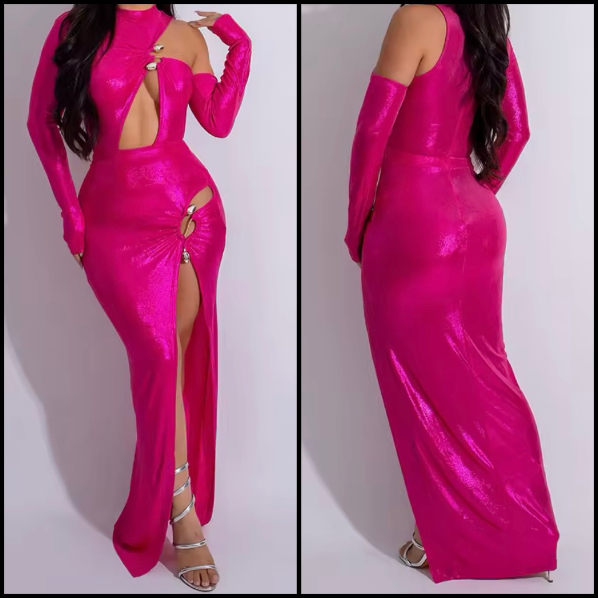 Women Pink Sexy Cut Out Full Sleeve High Split Maxi Dress