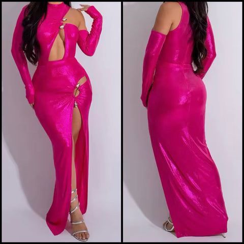 Women Pink Sexy Cut Out Full Sleeve High Split Maxi Dress