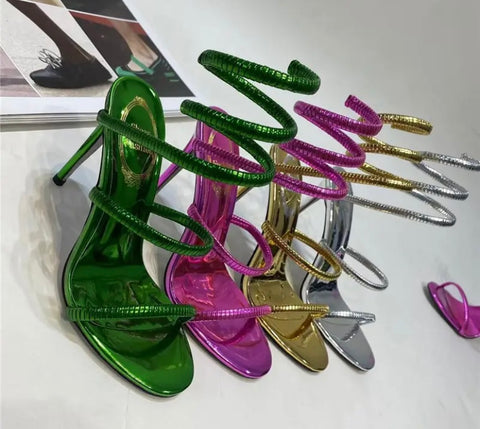 Women Fashion Color Metallic Wrap Around High Heel Sandals