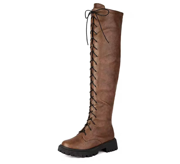 Women Color Fashion Faux Leather Flat Lace Up Knee High Boots
