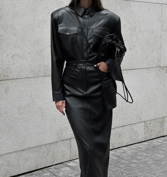 Women Black Fashion Faux Leather Button Up Two Piece Maxi Skirt Set