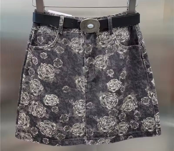 Women Fashion Color Patchwork Floral Denim Skirt