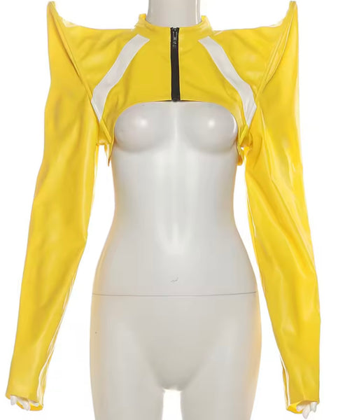 Women Yellow Fashion Faux Leather Zip Up Crop Jacket