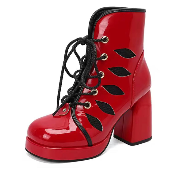 Women Fashion Color Lace Up Patent Leather Ankle Boots
