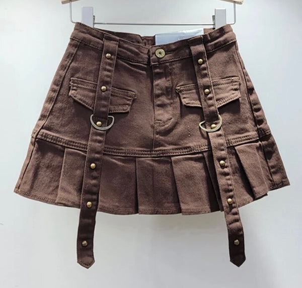 Women Fashion Buckled Pleated Denim Skirt