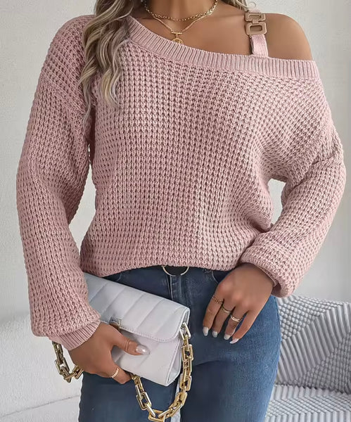 Women Color Slant Shoulder Full Sleeve Fashion Sweater Top