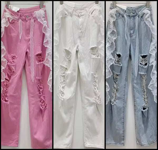 Women Fashion Ripped Ruffled Lace Patchwork Denim Pants