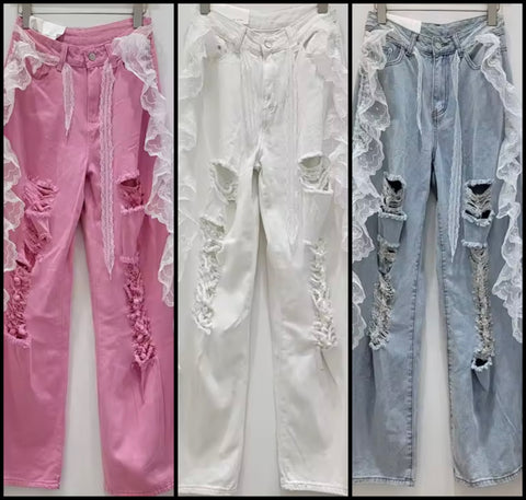 Women Fashion Ripped Ruffled Lace Patchwork Denim Pants