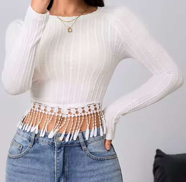 Women White Tassel Fashion Full Sleeve Crop Top