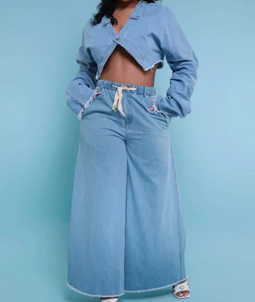 Women Fashion Drawstring Denim Two Piece Pant Set