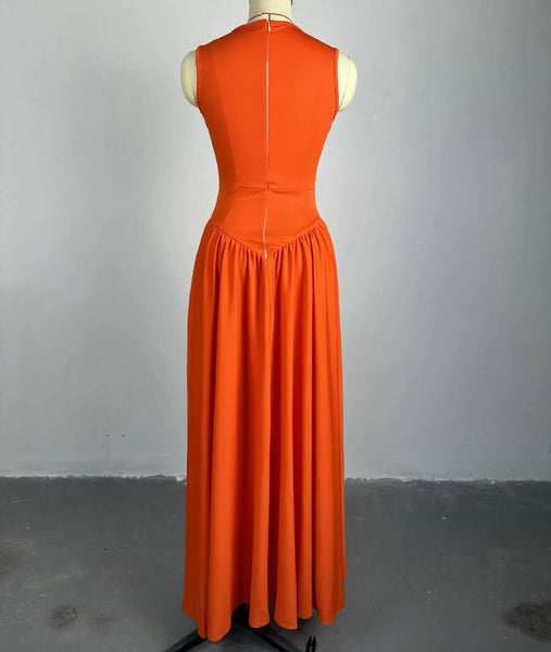 Women Orange Sexy Sleeveless Cut Out Pleated Maxi Dress