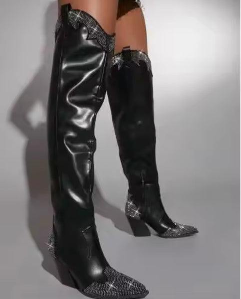 Women Fashion Black Bling Faux Leather Over The Knee Western Boots