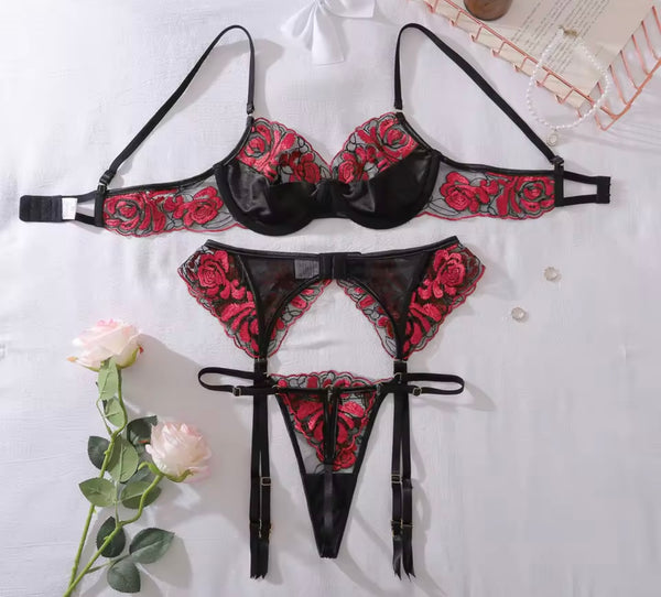 Women Black Sexy Red Floral Mesh Lingerie Set