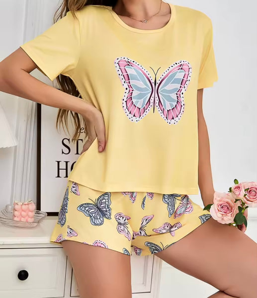 Women Yellow Butterfly Print Short Sleeve Lingerie Short Set