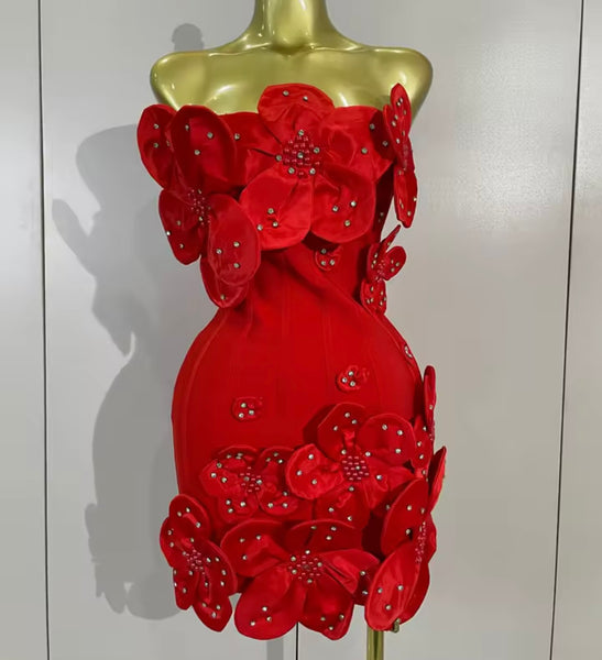 Women Sexy Floral Strapless Rhinestone Dress