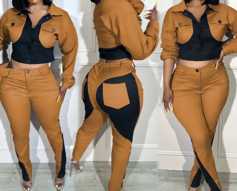 Women Fashion Color Patchwork Full Sleeve Button Up Pant Set