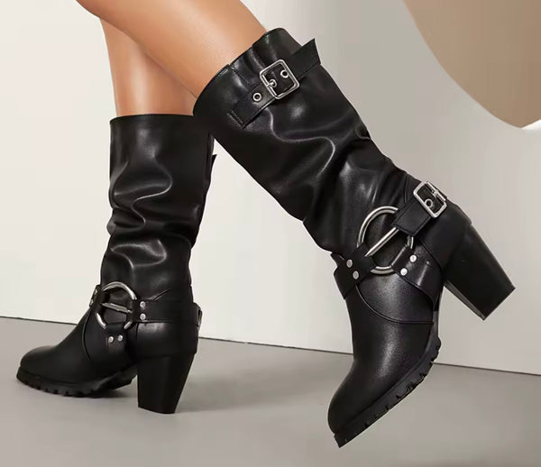 Women Black Fashion Silver Buckle Ruched Ankle Boots