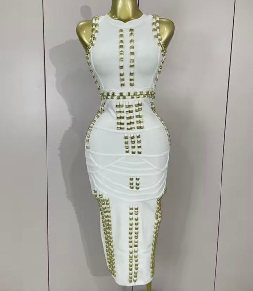 Women White Sleeveless Gold Metal Sexy Maxi Dress