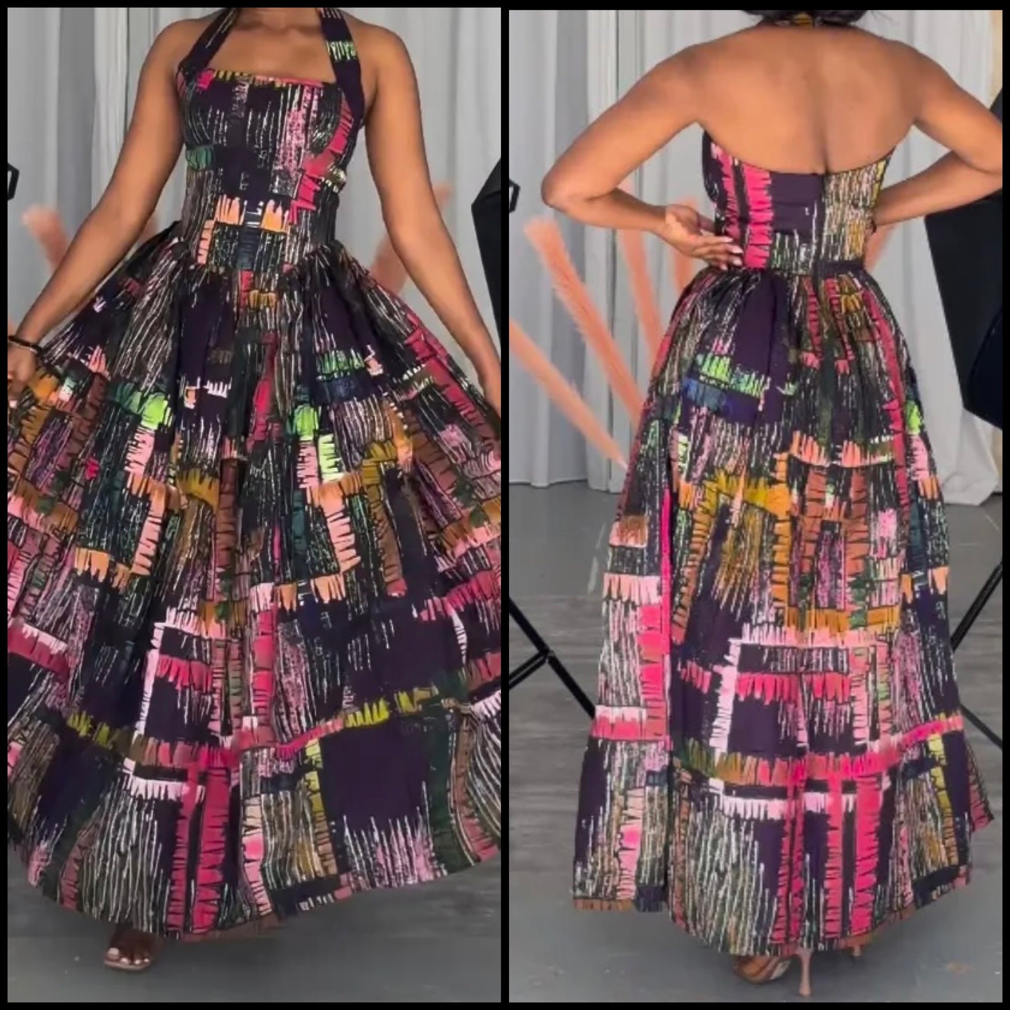 Women Sexy Multicolored Print Halter Sleeveless Maxi Dress