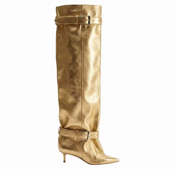 Women Pointed Toe Double Buckle Knee High Boots