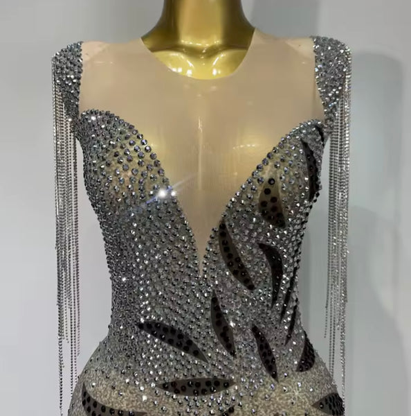 Women Sexy Rhinestone Tassel Sleeveless Mesh Maxi Dress
