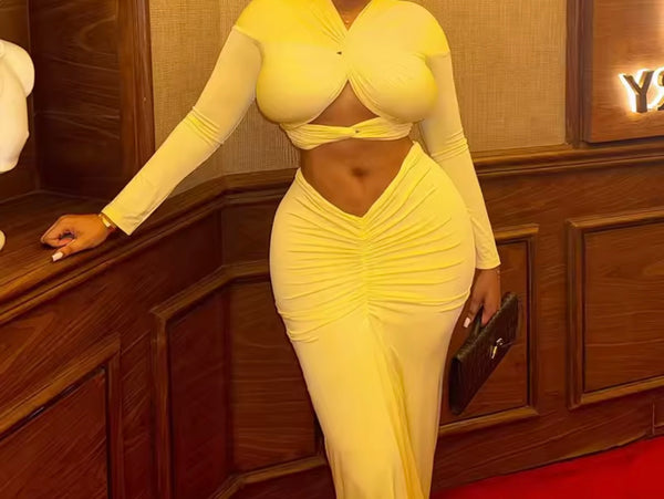 Women Yellow Sexy Cut Out Full Sleeve Ruched Two Piece Maxi Skirt Set