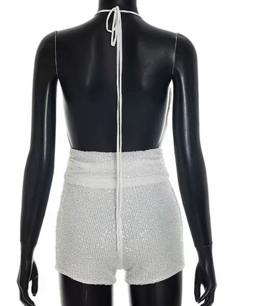 Women Sexy Sequins Halter Open Back Sleeveless Two Piece Short Set