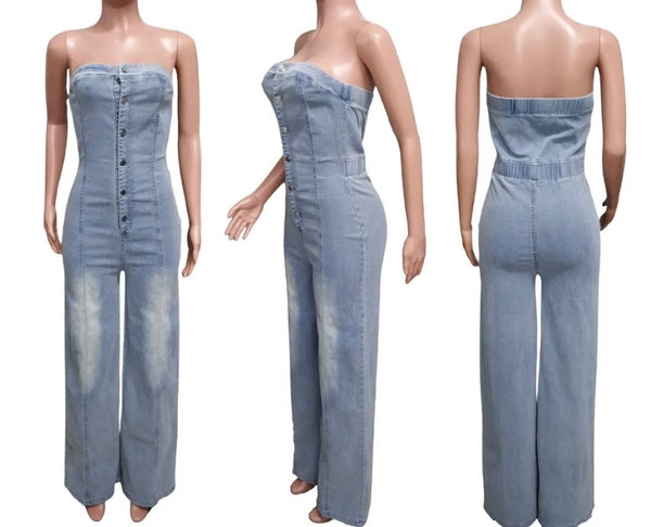 Women Sexy Fashion Button Up Strapless Denim Jumpsuit