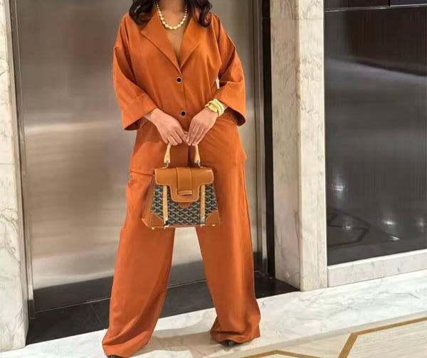 Women Orange Button Up Short Sleeve Two Piece Pant Set