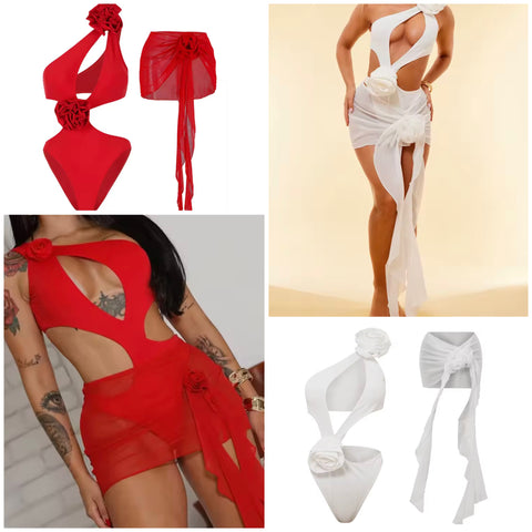 Women Sexy 3D Floral One Shoulder Cut Out Swimsuit Cover Up Set