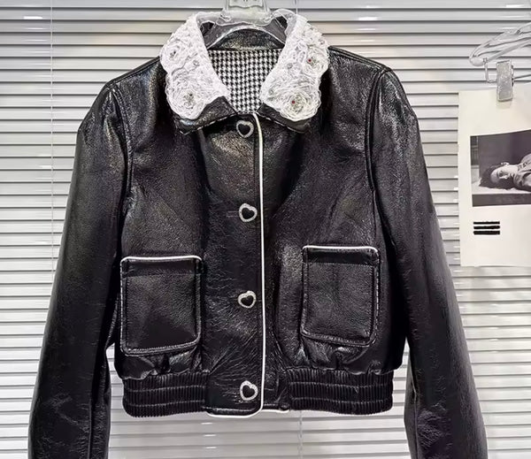 Women B&W Lace Faux Leather Heart Button Up Jacket