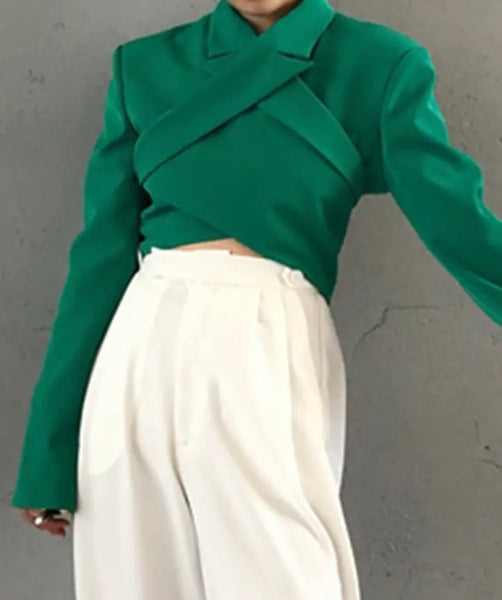 Women Green Fashion Wrap Blazer Top