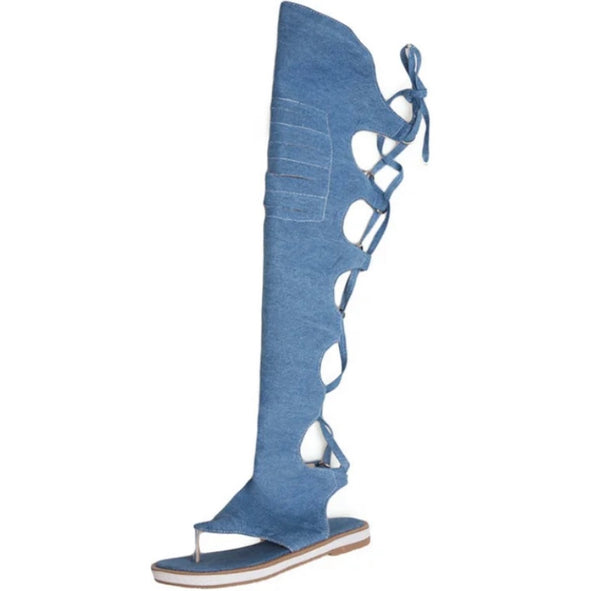 Women Fashion Open Toe Over The Knee Denim Sandals