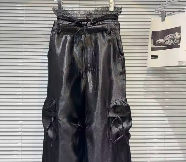 Women Fashion Black Lace Satin Cargo Pants