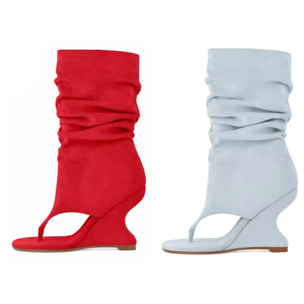Women Fashion Suede Open Toe Ruched Wedge Ankle Boots