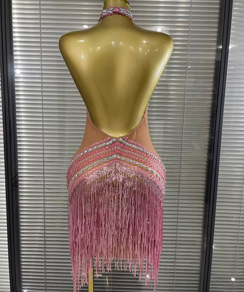 Women Pink Halter Sleeveless Rhinestone Tassel Mesh Dress