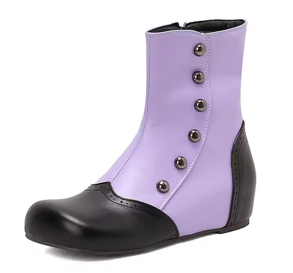 Women Color Patchwork Rivet Fashion Flat Ankle Boots