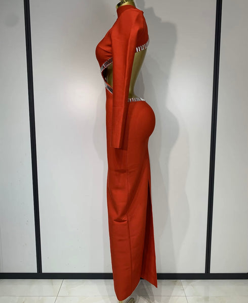 Women Sexy Red Crystal Turtleneck Open Back Maxi Dress