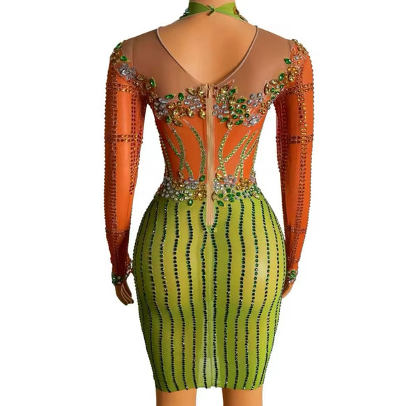 Women Sexy Rhinestone Color Patchwork Full Sleeve Mesh Dress