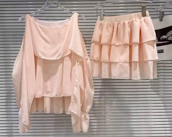 Women Chiffon Ruffle Full Sleeve Two Piece Skirt Set