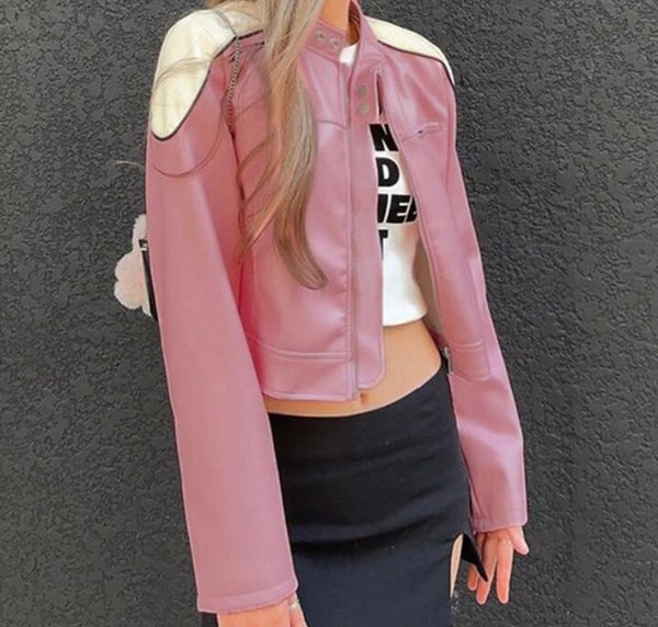 Women Fashion Pink Color Patchwork Faux Leather Jacket