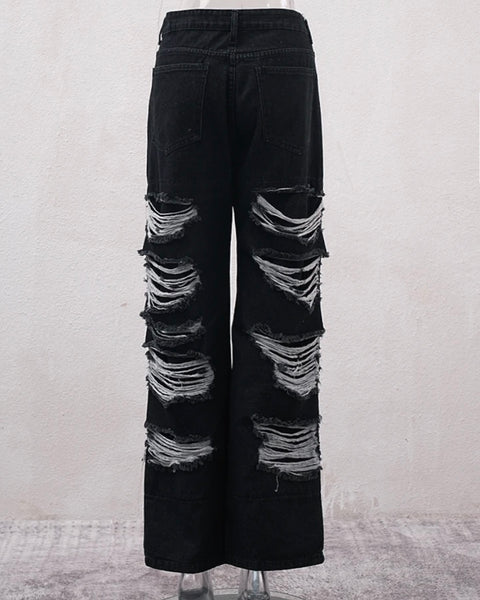 Women Fashion Black Ripped Denim Wide Leg Pants