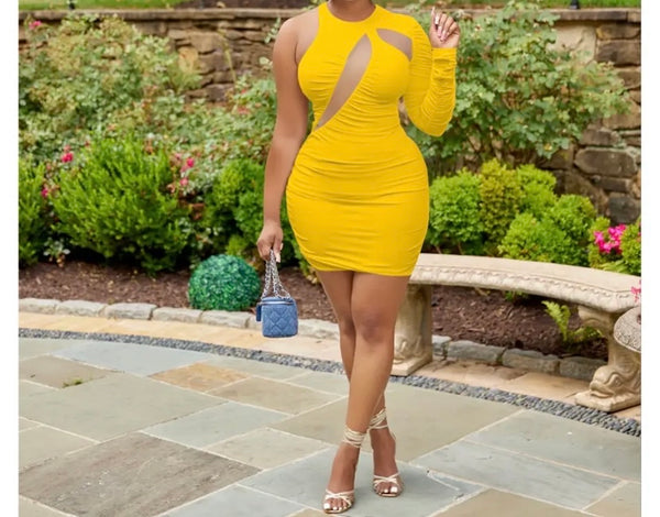 Women Sexy One Shoulder Full Sleeve Mesh Patchwork Dress