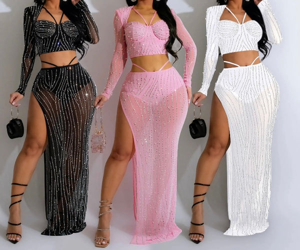 Women Sexy Full Sleeve Bling Mesh Two Piece Maxi Skirt Set