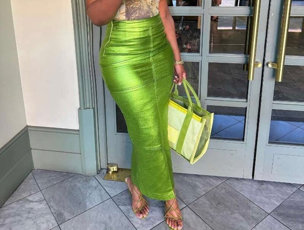 Women Sexy Green PU Fashion Maxi Skirt
