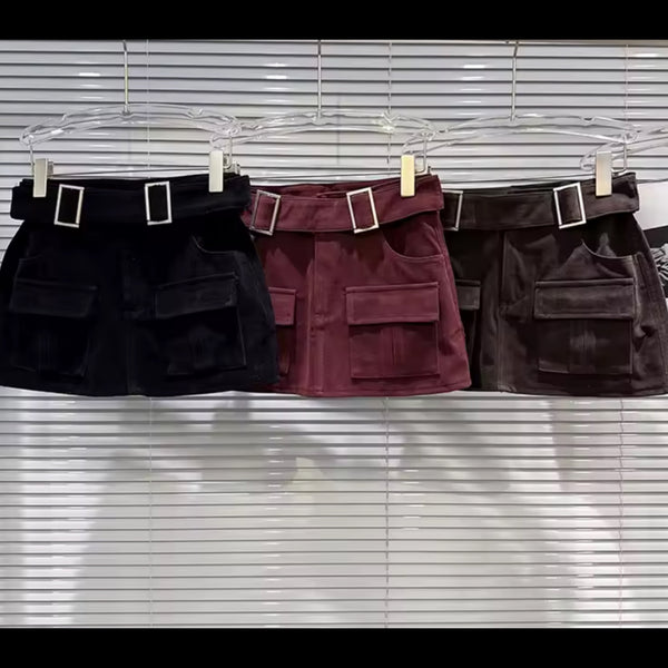 Women Sexy Fashion Suede Buckle Pocket Skirt