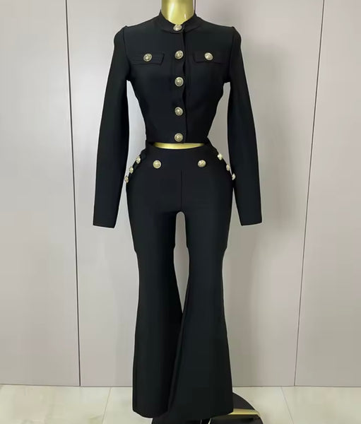 Women Black Gold Button Full Sleeve Two Piece Pant Set